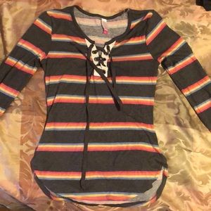 Grey, colored striped shirt